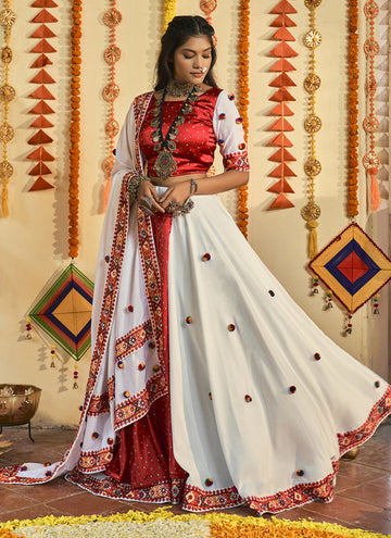 Thread Embroidery Work White Muslin Cotton Chaniya Choli for Navratri